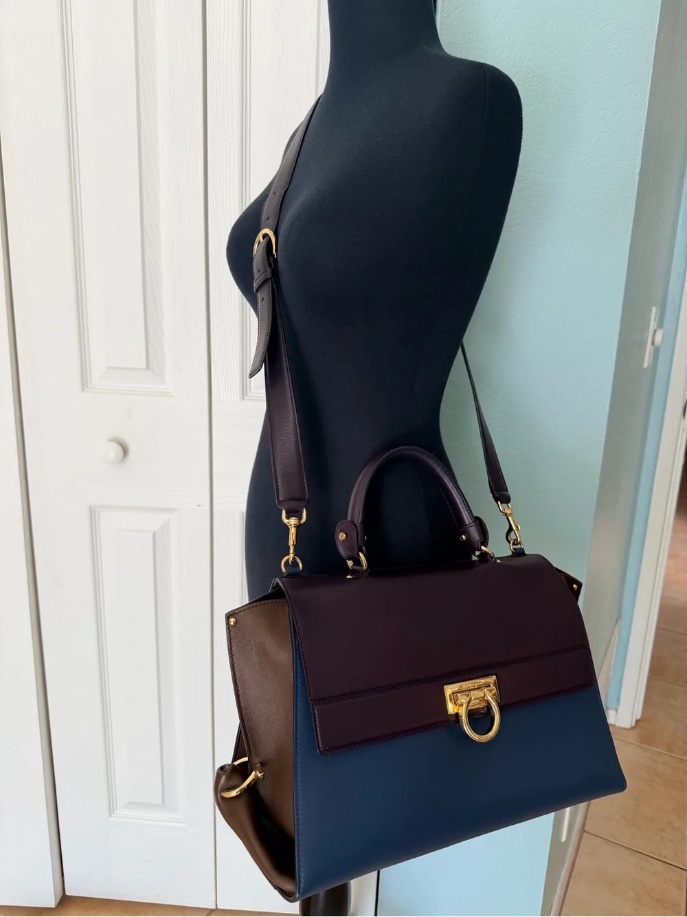 Salvatore Ferragamo Tricolor Blue Brown Leather Sofia Satchel and Shoulder Bag